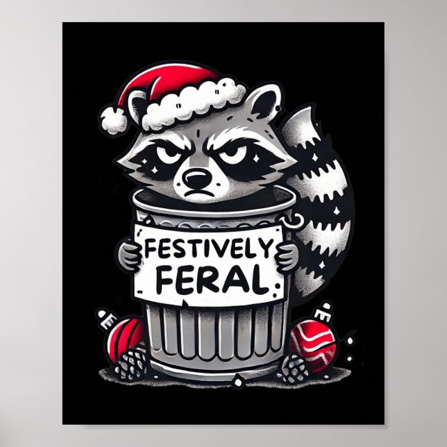 Poster Festif Feral Raccoon Noël Funny Holiday An (Devant)