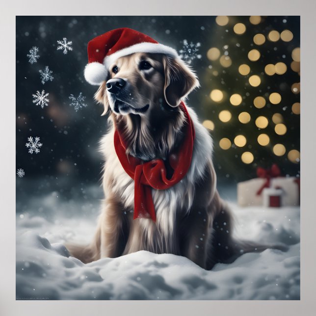 Poster Festif Noël Golden Retriever avec Santa Hat (Devant)