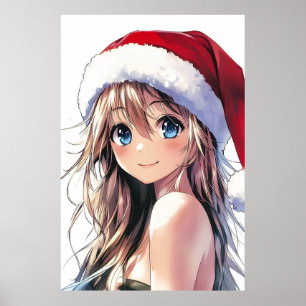 Poster Festive Anime Girl Santa Hat avec yeux bleu clair