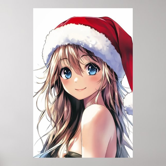 Poster Festive Anime Girl Santa Hat avec yeux bleu clair (Devant)