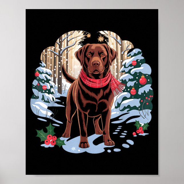 Poster Festive Chocolate Lab In Snowy Forest Winter Xmas  (Devant)