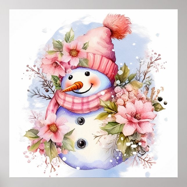 Poster Festive femme de neige rose de Noël (Devant)