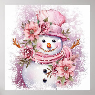 Poster Festive femme de neige rose de Noël