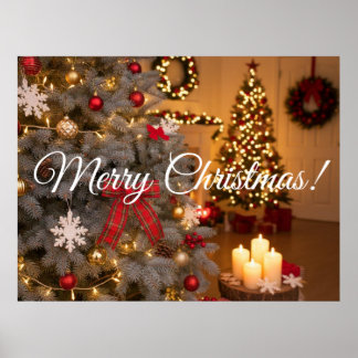 Poster Festive fir trees decorated with garlands 