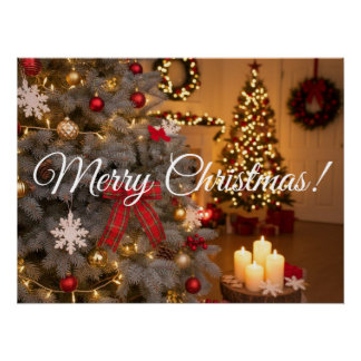 Poster Festive fir trees decorated with garlands 