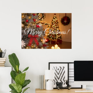 Poster Festive fir trees decorated with garlands 