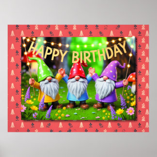 Poster Festive Garden Gnomes Birthday Celebration