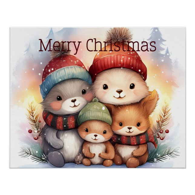 Poster Festive Woodland Animal Family Merry Christmas (Devant)