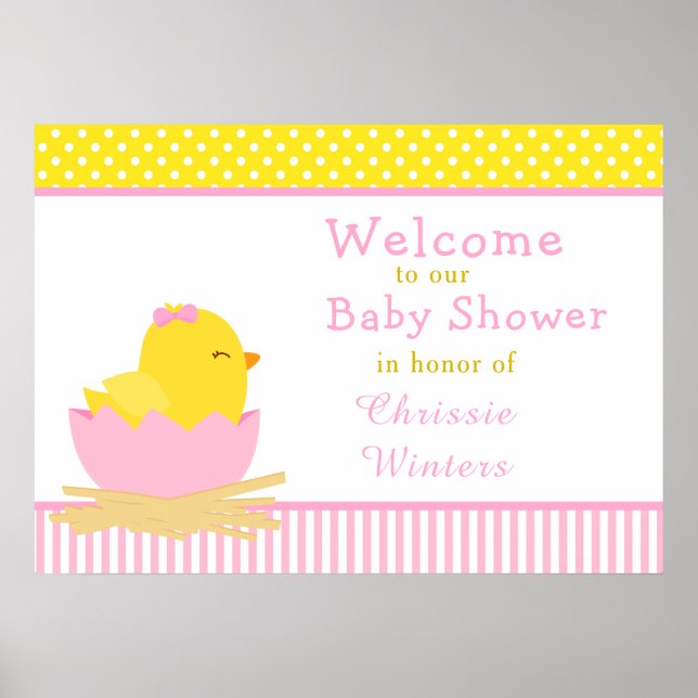 Poster Fête Baby shower de poussins rose et jaune (Devant)