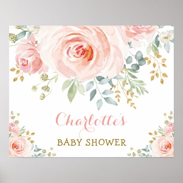 Poster Fête Baby Shower Fleurs de Rosier Aquarelle Rose C (Devant)