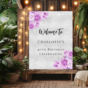 Poster Fête d'anniversaire argent rose violet fleurs accu