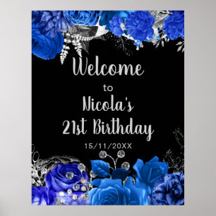 Poster Fête d'anniversaire aux fleurs bleues et argentées
