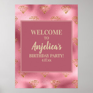 Poster Fête d'anniversaire de fille avec diamants de pail