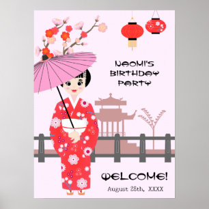 Poster Fête d'anniversaire de fille japonaise aux cerisie