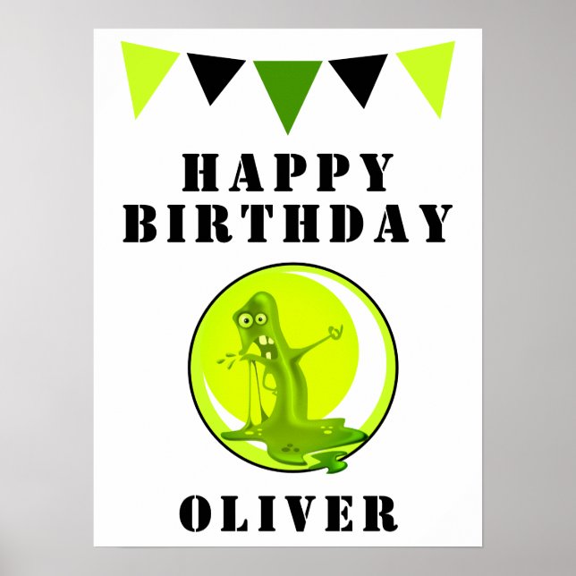 Poster Fête d'anniversaire des drapeaux de monstre vert d (Devant)
