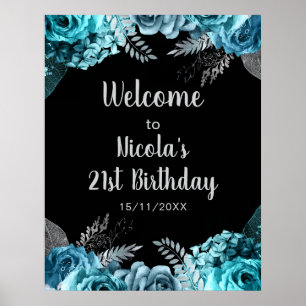 Poster Fête d'anniversaire élégante fleurs bleues sarcell