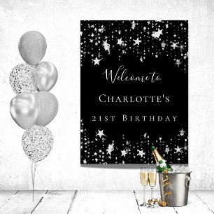 Poster fête d'anniversaire noir argent étoiles bienvenue