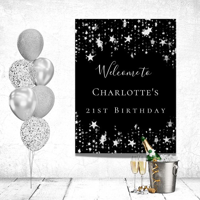 Poster fête d'anniversaire noir argent étoiles bienvenue (Créateur téléchargé)