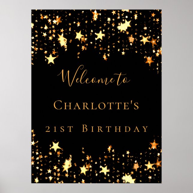Poster fête d'anniversaire noir étoiles d'or bienvenue (Devant)