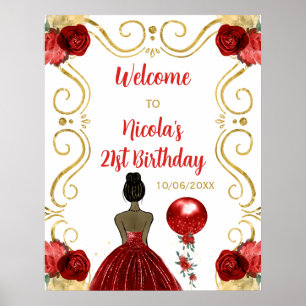 Poster Fête d'anniversaire Princesse peau noire Rouge Bie
