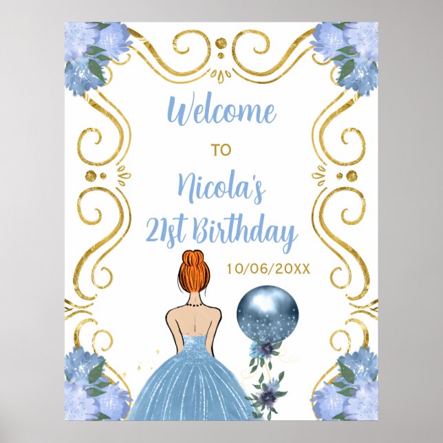 Poster Fête d'anniversaire Red Hair Princess Blue Welcome (Devant)