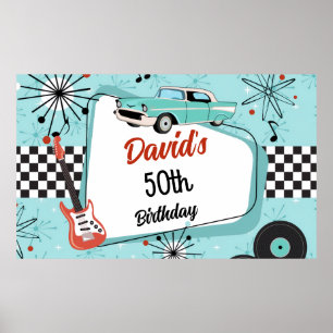 Poster Fête d'anniversaire rétro rouge et bleu des années