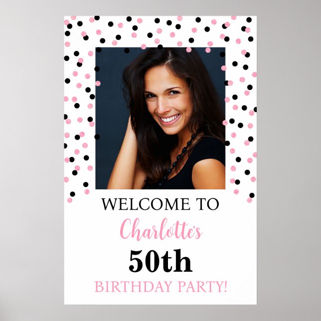 Poster Fête d'anniversaire rose noir Personnalisé 20x30 P (Devant)