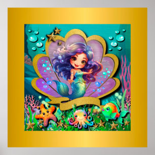 Poster Fête d'anniversaire sous la mer et fille sirène