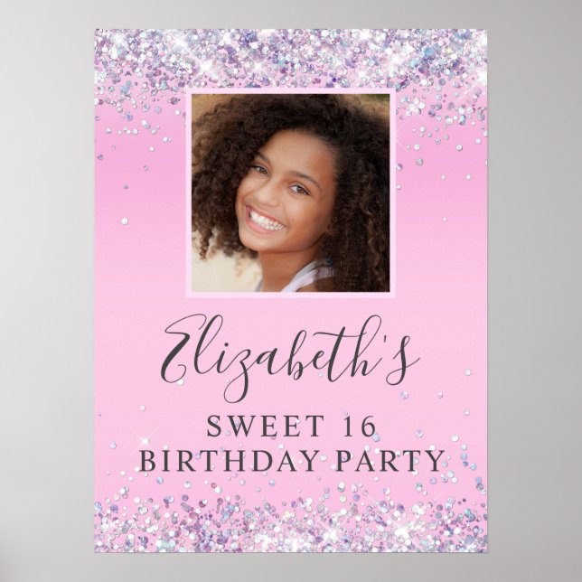 Poster Fête d'anniversaire Sweet 16 rose pailletée (Devant)