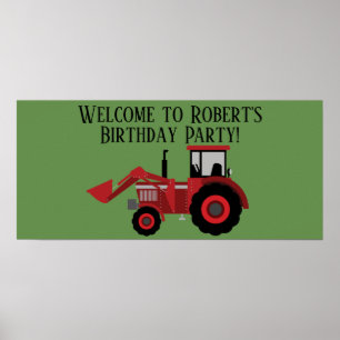 Poster Fête d'anniversaire verte tracteur rouge personnal