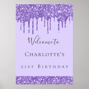 Poster Fête d'anniversaire violet lavande paillettes nom