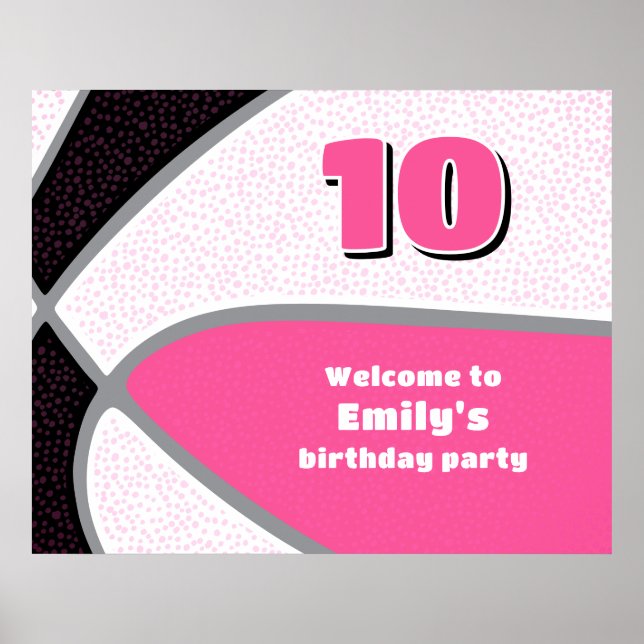 Poster fête de basket noir rose filles anniversaire bienv (Devant)
