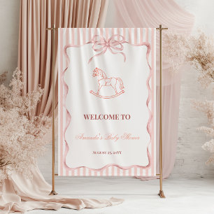 Poster Fête de Bébé Fille Rose Rétro Cheval à Bascule