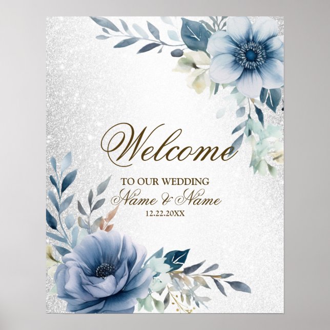 Poster Fête de Bienvenue Fleurs Aquarelle Bleu Poussiéreu (Devant)