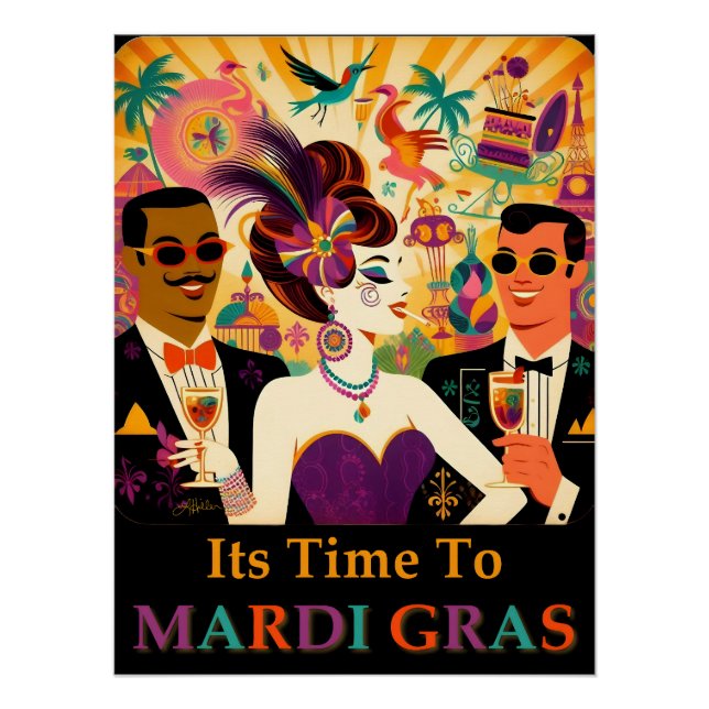 Poster Fête de Cocktail Mardi Gras du Milieu du Siècle (Devant)