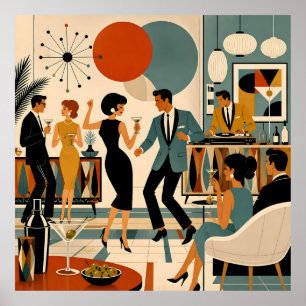 Poster Fête de danse martini branchée milieu du siècle mo