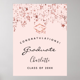 Poster Fête de graduation rose roses étoiles