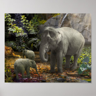 Poster Fête de la famille éléphant dans la forêt tropical