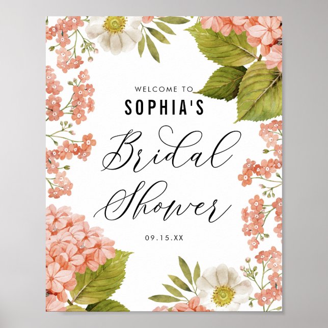 Poster Fête de mariage aux hydrangeas aquarelles pêche ru (Devant)