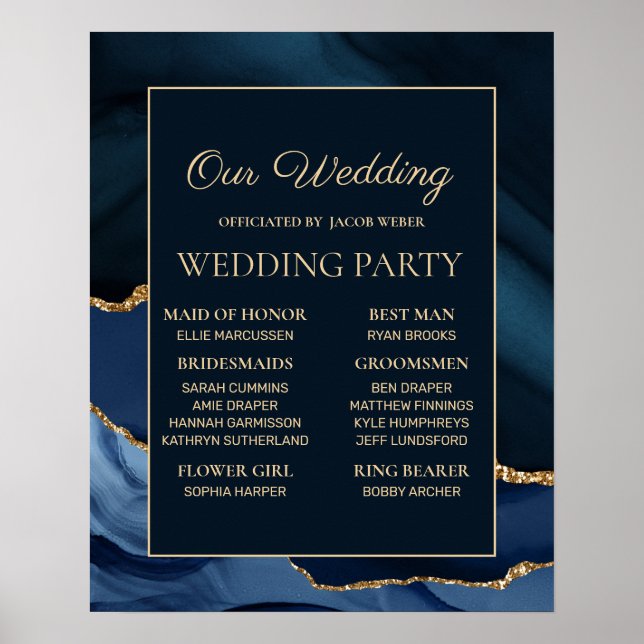 Poster Fête de mariage bleu marine et or marbré  (Devant)