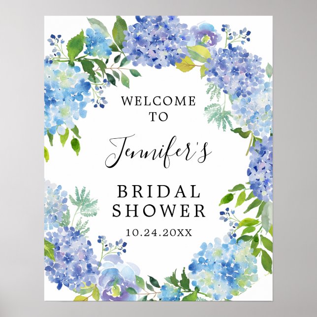Poster Fête de Mariage Champêtre Bleu Aquarelle Hydrangea (Devant)