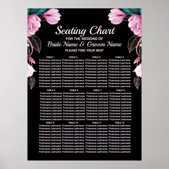 Poster Fête de mariage rose Floral Géométrique Noir moder (Devant)
