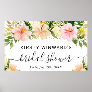 Poster Fête de mariage tropical fleurs rose aquarelle