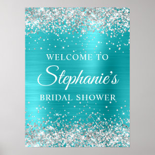 Poster Fête de mariage Turquoise Bleu Paillettes Argentée
