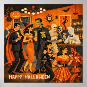 Poster Fête de martini d'Halloween en style Mid Century M