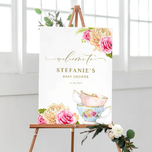 Poster Fête de naissance aux tasses de thé florales aquar