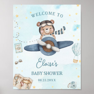 Poster Fête de naissance bébé garçon Ourson bleu avion Av