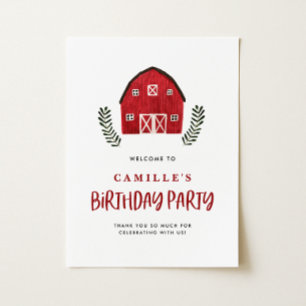 Poster Fête de Naissance Ferme Rustique Grange Rouge Aqua
