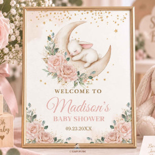 Poster Fête de naissance florale Lapin Rose Pâle Lune