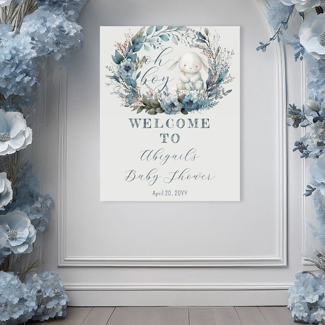 Poster Fête de naissance Lapin Fleur Bleue Oh Boy Bunny (Bunny Rabbit and Blue Floral Wreath Boy Baby Shower Poster - "Oh Boy" Bunny Collection -Print | Digi)